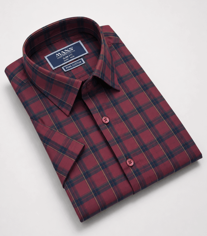 Mans Formal Dark Check Slim Fit Short Sleeve
